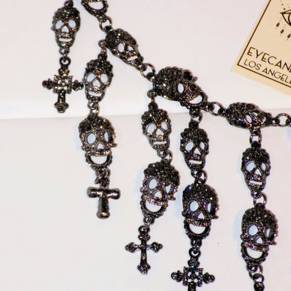 New Eye Candy Glass Crystals Tiered Skulls & Crosses Statement Bib Necklace - Picture 6 of 9